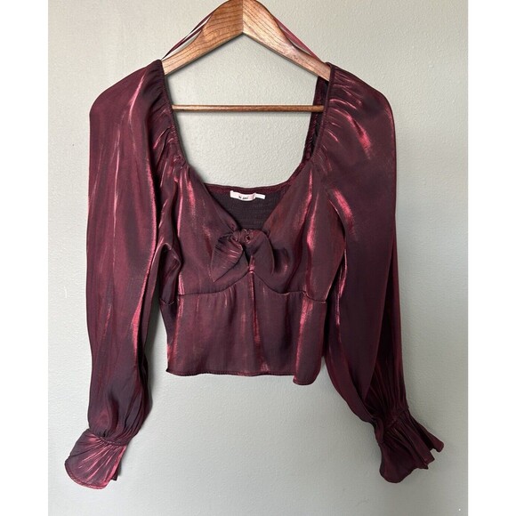 Francesca's Womens Shirt Large Satin Tie Front Blouse Whimsical Milkmaid - Picture 2 of 12